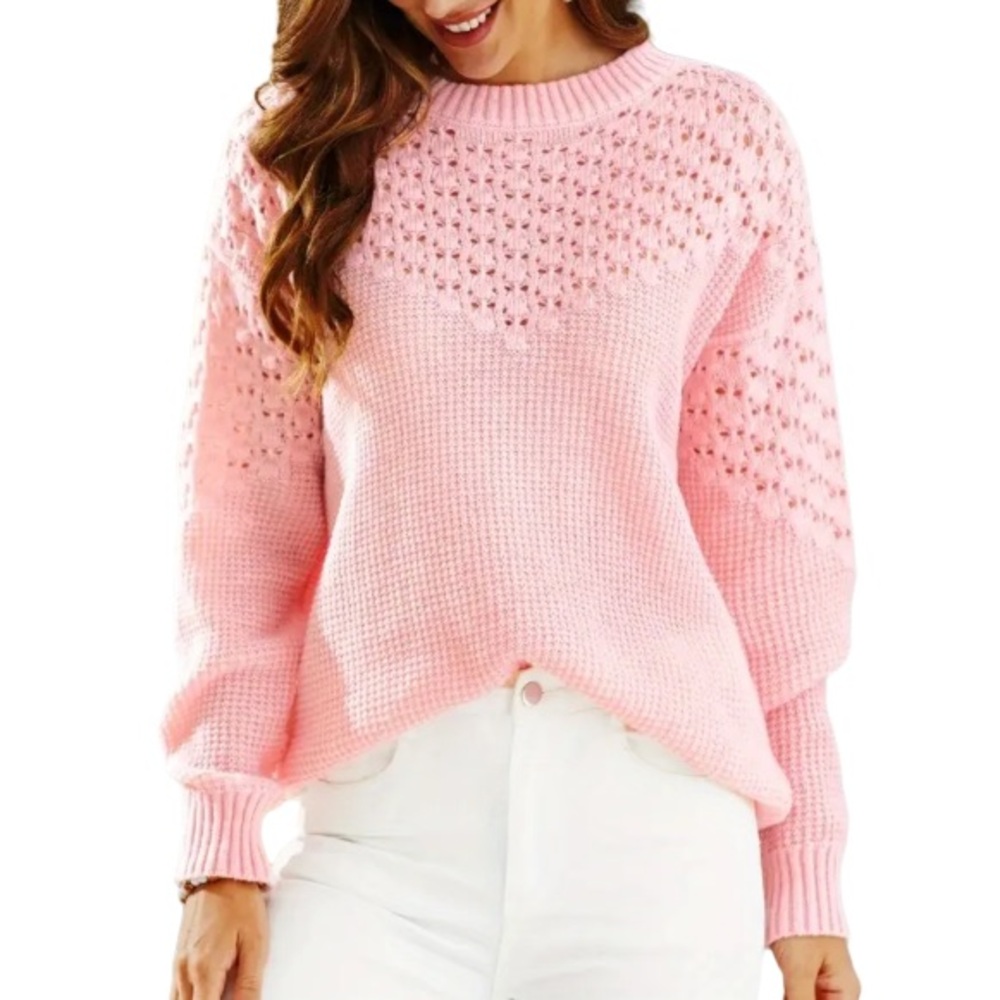 NEW Pointelle Knit Long Sleeve Crew Neck Semi-Sheer Sweater Pink Small